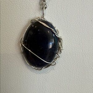 Silver Wire-Wrapped Blue Tigerseye Stone Pendant Necklace